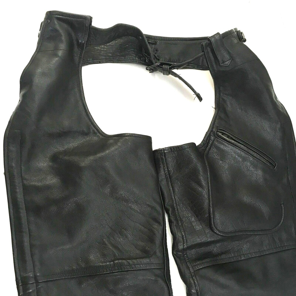 Leather King Motorcycle Chaps Black Leather Mens Large Pockets Heavy Supple - Picture 2 of 8